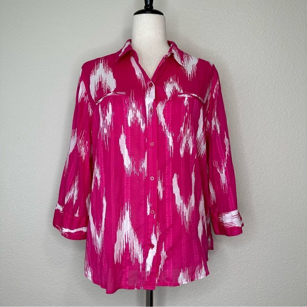 Chico’s Pink White Tie Dye 3/4 Sleeves Front Button Shirt